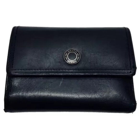Coach Women's Black Leather Trifold Wallet Snap Front Medium Size Good Condition - Picture 1 of 16